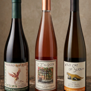 A bottle of chardonnay, rose, and muscat